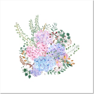 pink blue purple hydrangea flowers watercolor arrangement Posters and Art